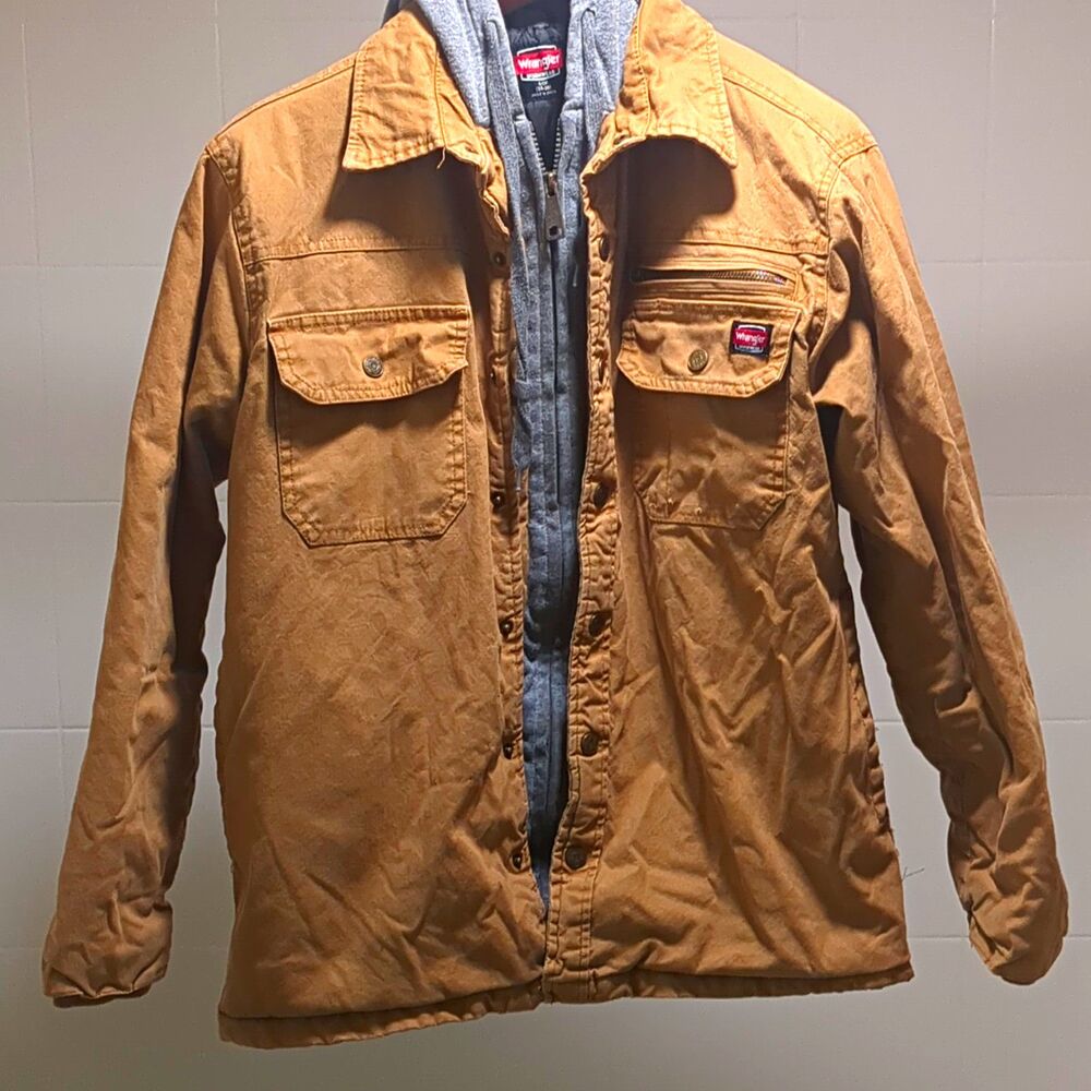 Wrangler Workwear Mens Insulated Hooded Canvas Work Jacket Brown Gray Size S